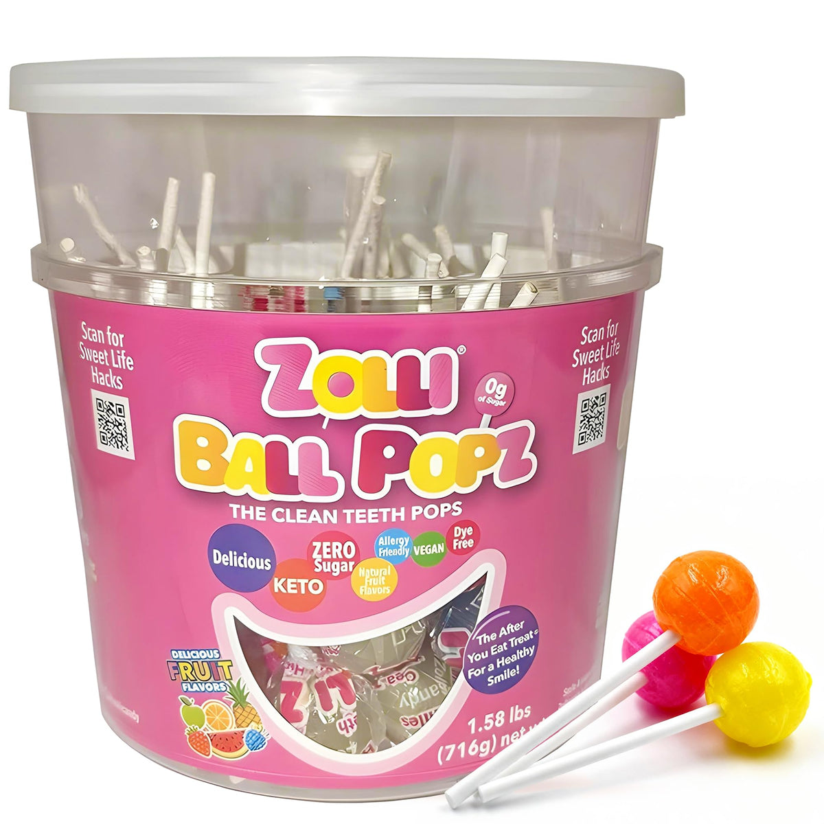 Zolli Ball Popz Clean Teeth Sugar Free Candy – Dye-Free, Keto & Diabetic-Friendly Kids Treats (Natural Fruit Flavors, 60 Count)