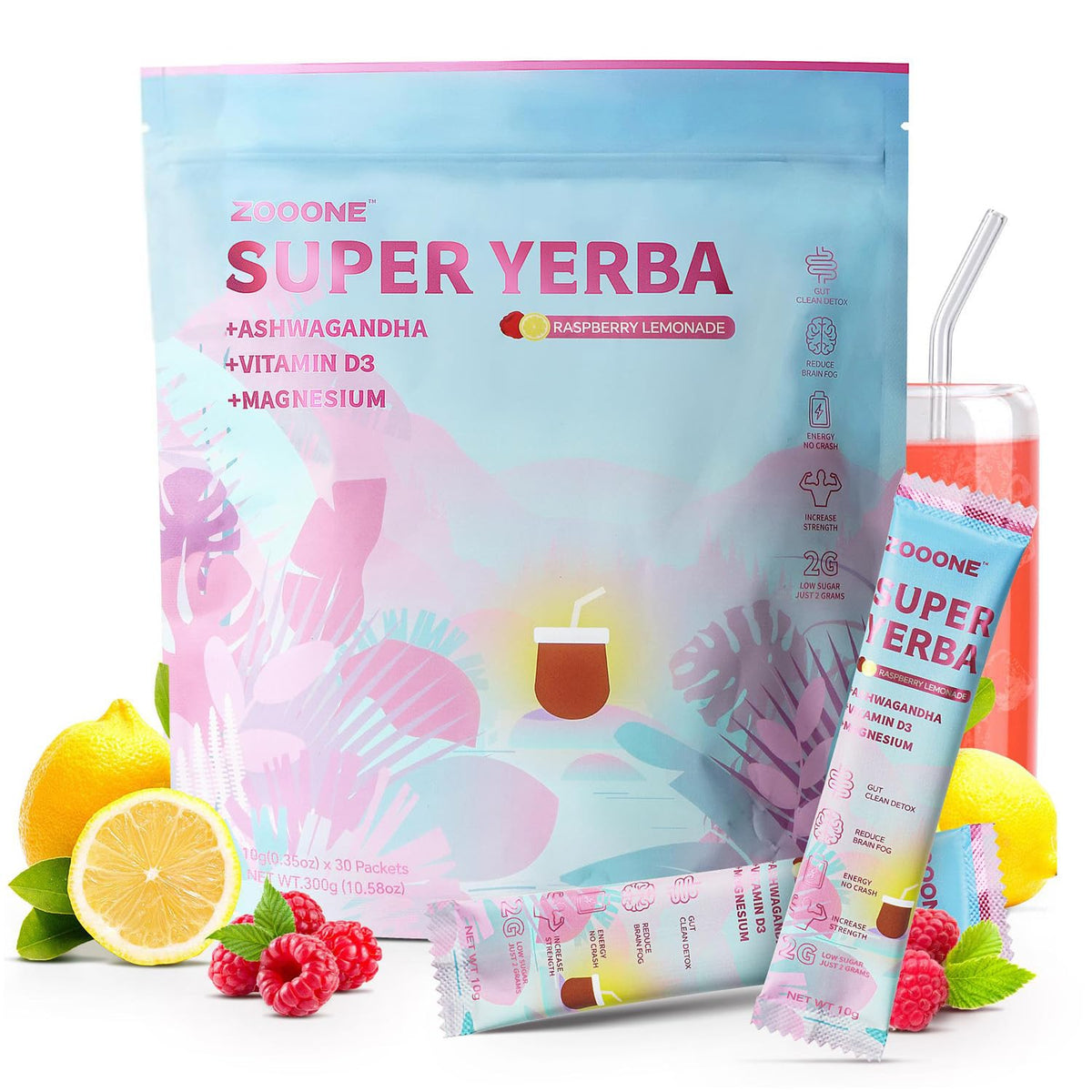 ZOOONE Super Yerba Mate Instant Powder – Raspberry Lemonade, 30 Packets | Energy, Focus & Gut Support