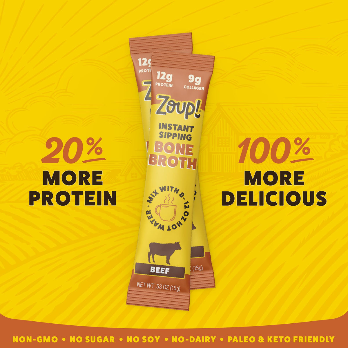 Zoup! Instant Sipping Bone Broth Mix – 12g Protein, Paleo & Keto Friendly, Non-GMO Beef To-Go Packets (10 x .53 oz)