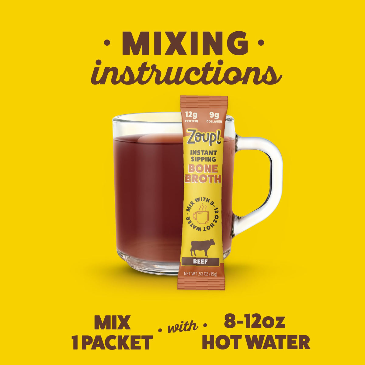 Zoup! Instant Sipping Bone Broth Mix – 12g Protein, Paleo & Keto Friendly, Non-GMO Beef To-Go Packets (10 x .53 oz)