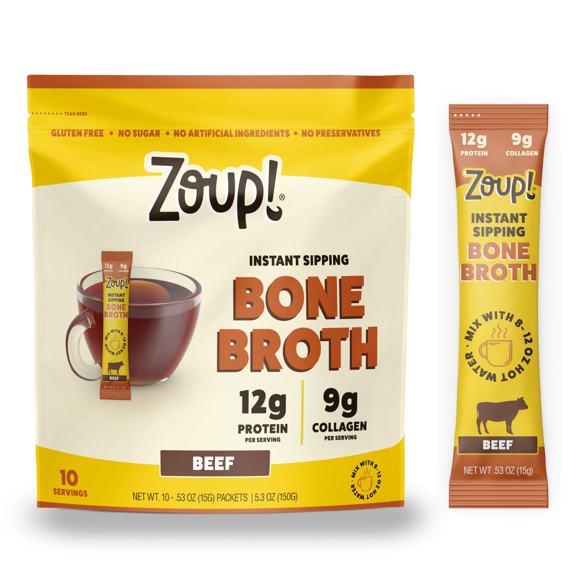 Zoup! Instant Sipping Bone Broth Mix – 12g Protein, Paleo & Keto Friendly, Non-GMO Beef To-Go Packets (10 x .53 oz)