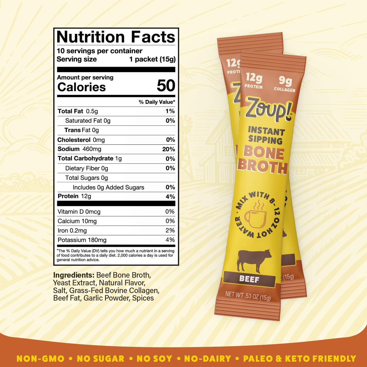 Zoup! Instant Sipping Bone Broth Mix – 12g Protein, Paleo & Keto Friendly, Non-GMO Beef To-Go Packets (10 x .53 oz)